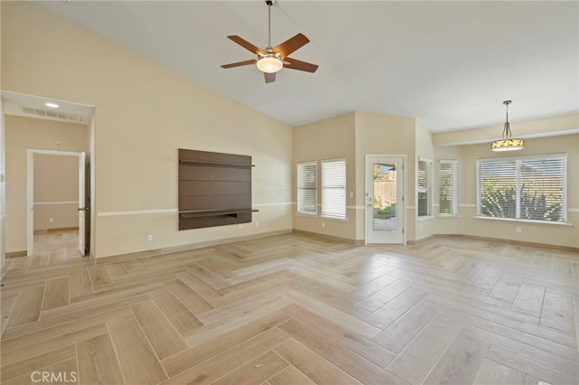 unfurnished living room with light parquet floors and ceiling fan