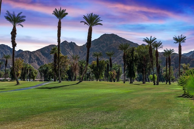 surrounding community featuring a lawn and a mountain view