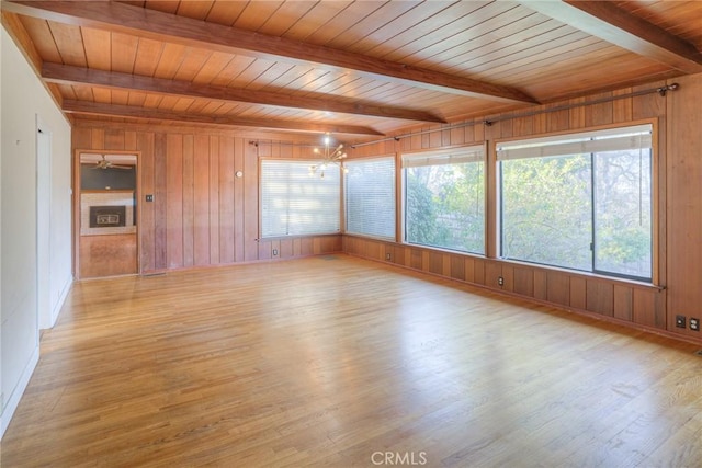 unfurnished room featuring wood ceiling, wood walls, beam ceiling, light wood-type flooring, and ceiling fan with notable chandelier