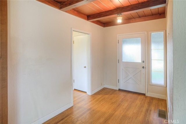 entrance foyer featuring wood ceiling, light hardwood / wood-style floors, and beamed ceiling