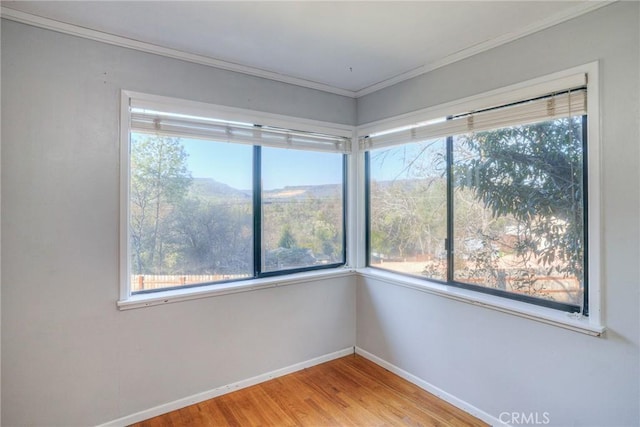 unfurnished room with a mountain view, ornamental molding, and light hardwood / wood-style floors