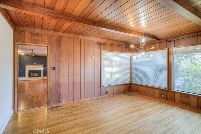 unfurnished room featuring beam ceiling, light hardwood / wood-style flooring, and wooden walls