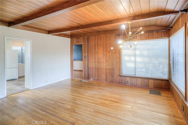 unfurnished room featuring wooden ceiling, a healthy amount of sunlight, and beamed ceiling