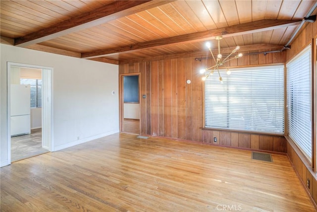 empty room featuring wood ceiling, beam ceiling, visible vents, and light wood finished floors