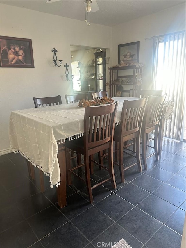 dining area featuring dark tile patterned flooring