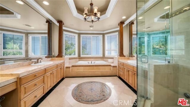 bathroom with vanity, an inviting chandelier, shower with separate bathtub, a raised ceiling, and crown molding