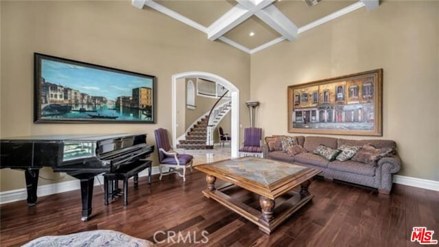 living room with hardwood / wood-style flooring, crown molding, beam ceiling, and coffered ceiling