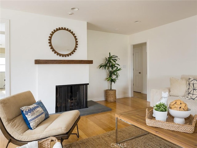 living room featuring a multi sided fireplace