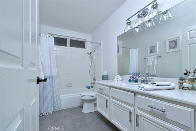 full bathroom with toilet, vanity, and shower / tub combo with curtain