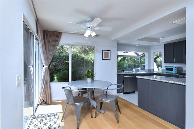 dining room with ceiling fan and light hardwood / wood-style floors