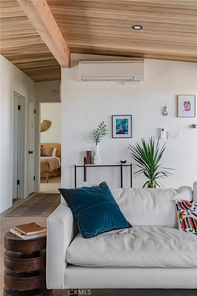 living room with wood ceiling, beamed ceiling, and a wall mounted AC