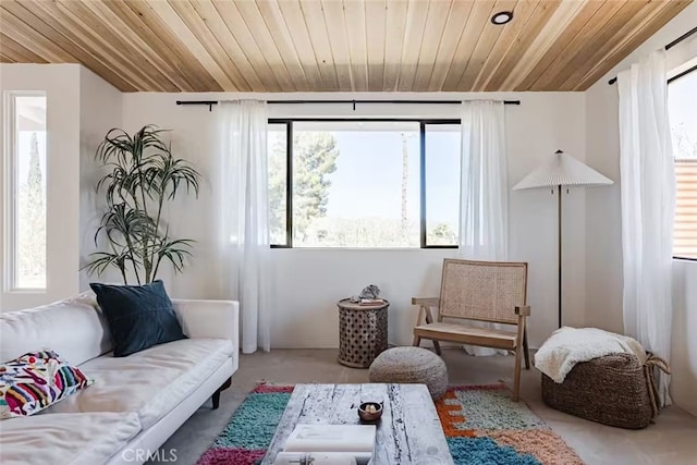 living area with a healthy amount of sunlight and wood ceiling