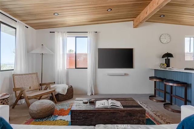 living room featuring lofted ceiling with beams and wood ceiling