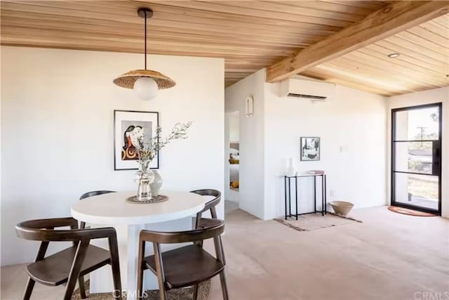 dining area with a wall mounted air conditioner, vaulted ceiling with beams, and wooden ceiling