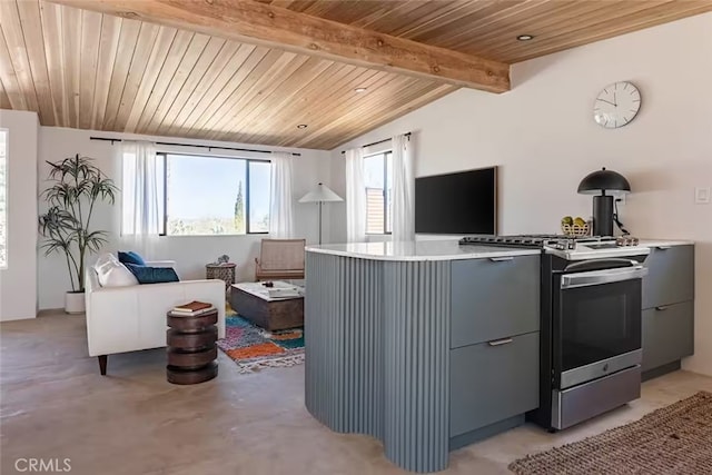 living room featuring wood ceiling and vaulted ceiling with beams