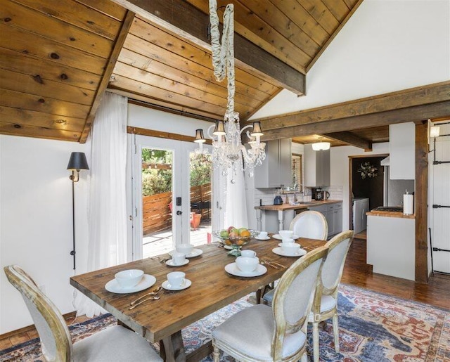 dining area featuring washer and clothes dryer, vaulted ceiling with beams, sink, dark hardwood / wood-style floors, and wooden ceiling