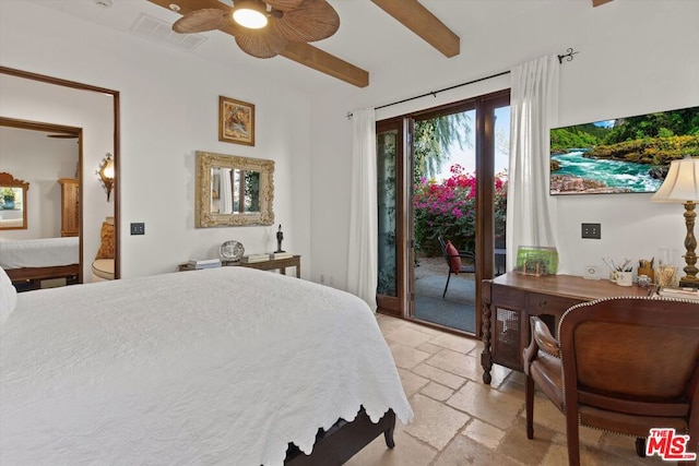 bedroom featuring access to outside, beamed ceiling, and ceiling fan