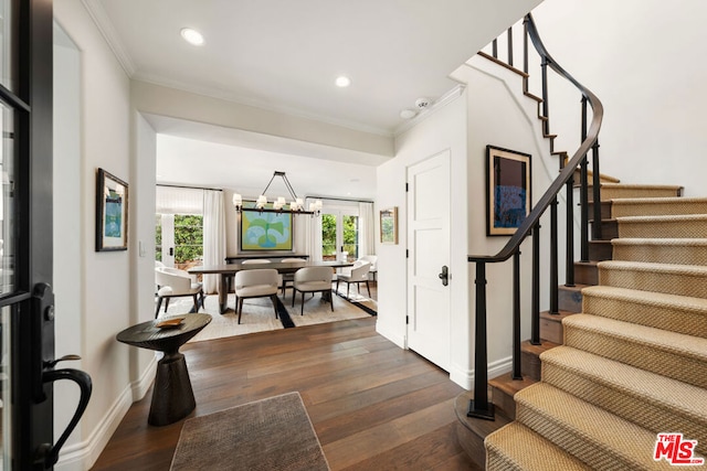 entryway with a chandelier, dark hardwood / wood-style floors, and ornamental molding