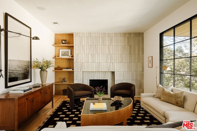 living room with a fireplace and hardwood / wood-style flooring