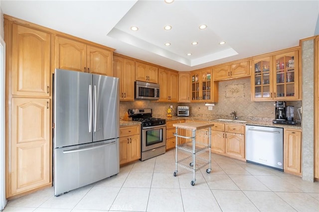 kitchen featuring sink, a tray ceiling, light stone countertops, and appliances with stainless steel finishes