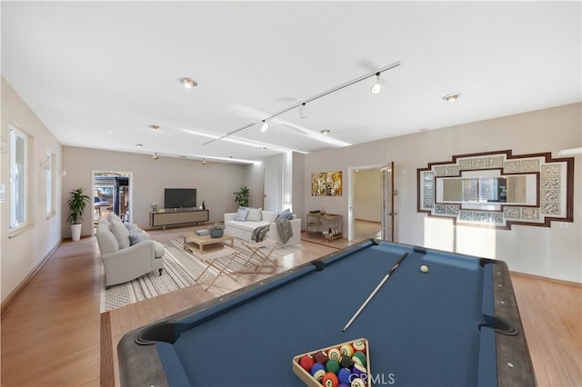 playroom with track lighting, hardwood / wood-style floors, and billiards