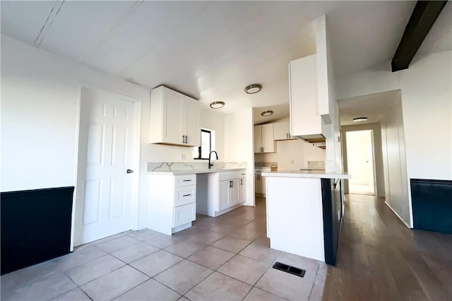 kitchen featuring light tile patterned floors, white cabinetry, kitchen peninsula, and sink