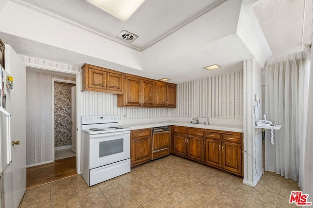 kitchen with sink, electric range, dishwasher, and a textured ceiling