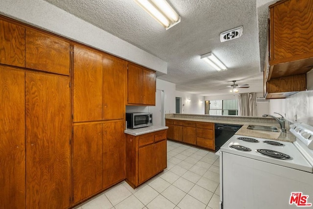 kitchen featuring ceiling fan, sink, black dishwasher, white electric stove, and a textured ceiling