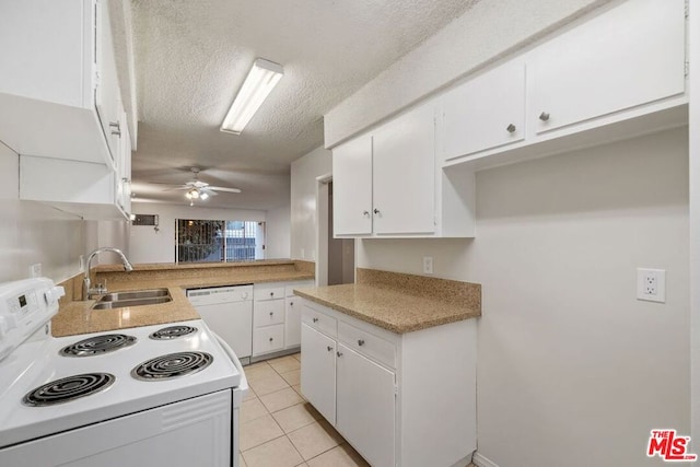 kitchen with ceiling fan, sink, white cabinets, and white appliances