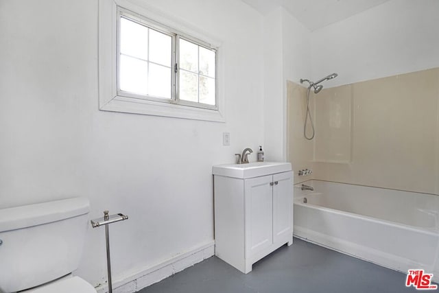 full bathroom featuring vanity, toilet, shower / bath combination, and concrete flooring