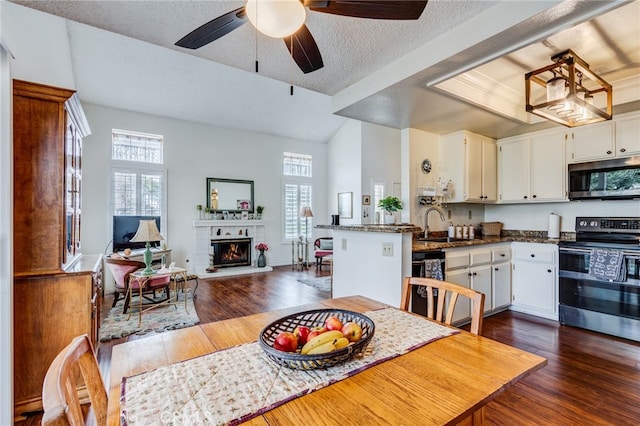 kitchen featuring a sink, white cabinetry, stainless steel appliances, ceiling fan, and dark wood-type flooring
