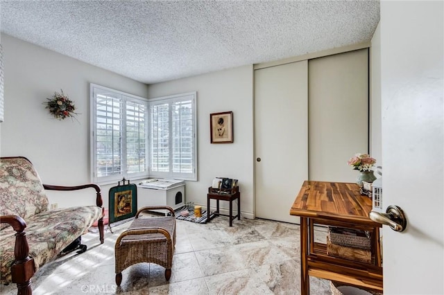 living area with a textured ceiling