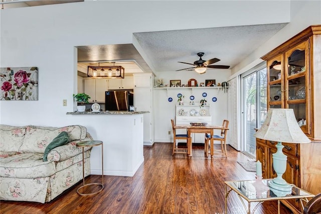 living area featuring a ceiling fan, dark wood-type flooring, and a textured ceiling
