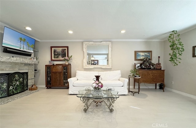 living room with ornamental molding