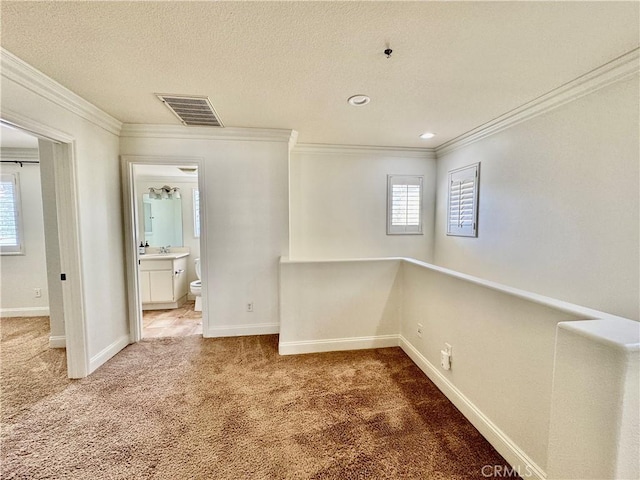 carpeted spare room featuring crown molding, plenty of natural light, and a textured ceiling