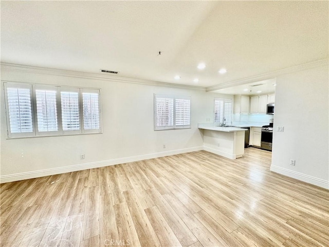 unfurnished living room with light hardwood / wood-style floors, sink, and ornamental molding