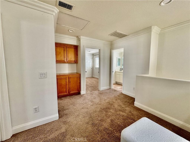 hallway featuring light carpet and ornamental molding