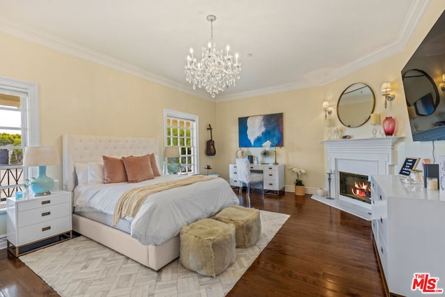 bedroom featuring an inviting chandelier, ornamental molding, and light hardwood / wood-style floors