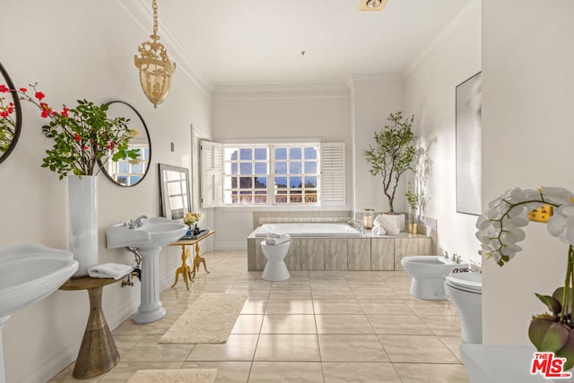 bathroom with tile patterned flooring, a bidet, ornamental molding, and tiled tub