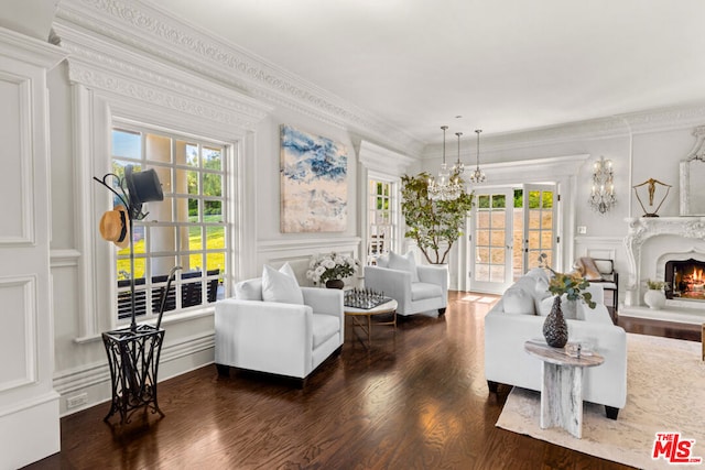 living room with dark hardwood / wood-style flooring, ornamental molding, french doors, and a healthy amount of sunlight