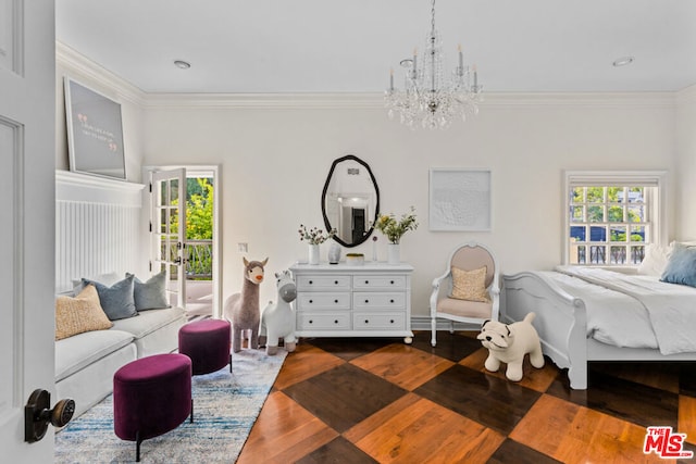 bedroom featuring an inviting chandelier, ornamental molding, and multiple windows