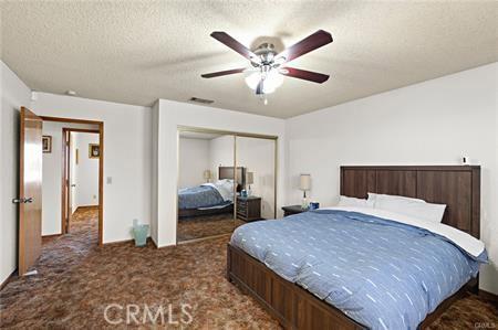 carpeted bedroom featuring ceiling fan, a closet, and a textured ceiling