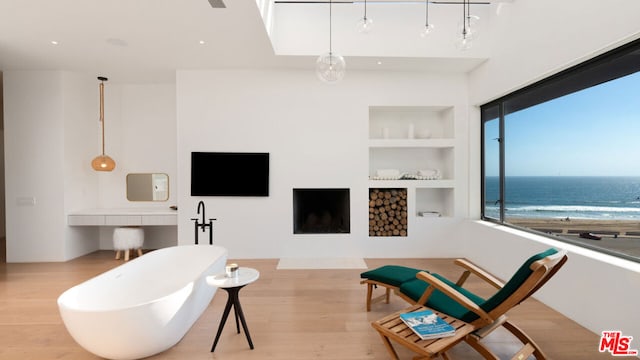 living room with built in features and light hardwood / wood-style flooring