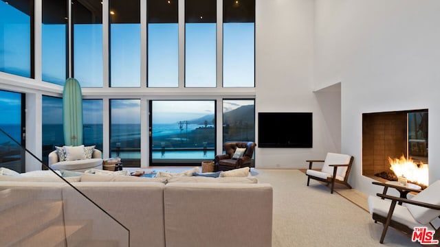 living room featuring a high ceiling and carpet