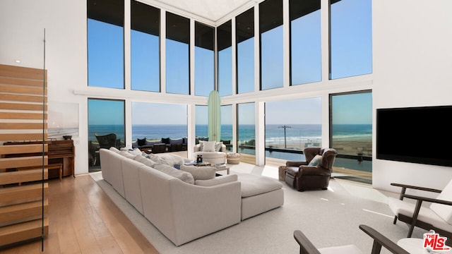 living room with hardwood / wood-style flooring and a towering ceiling