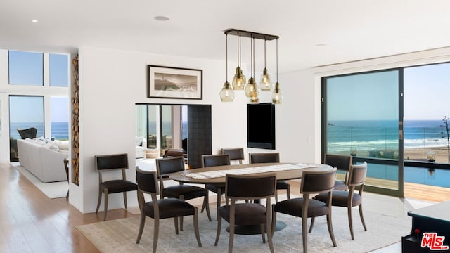 dining room with a water view, a wall of windows, a wealth of natural light, and light hardwood / wood-style floors