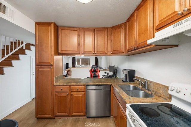 kitchen with stainless steel dishwasher, sink, light stone countertops, electric range, and light hardwood / wood-style floors