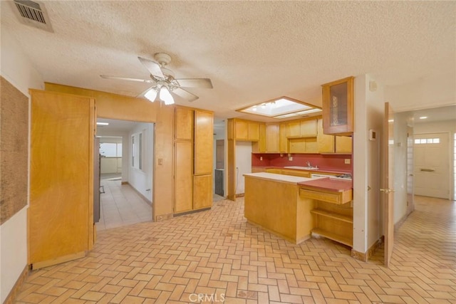 kitchen with a textured ceiling, ceiling fan, kitchen peninsula, and sink