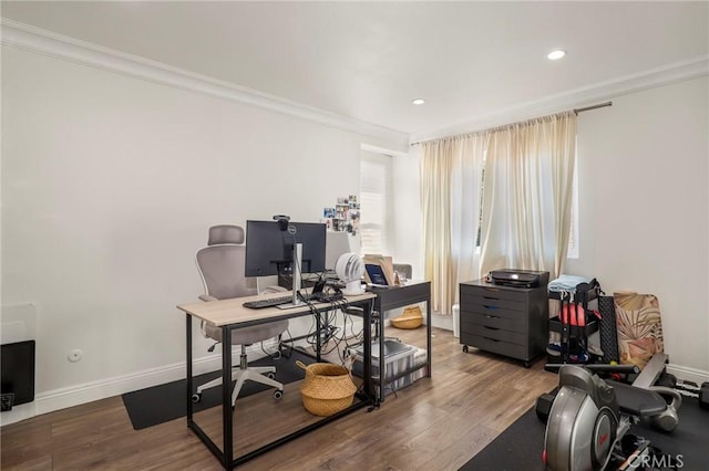 office area with crown molding and wood-type flooring