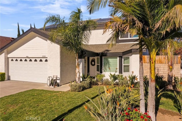 view of front facade featuring a front yard and a garage